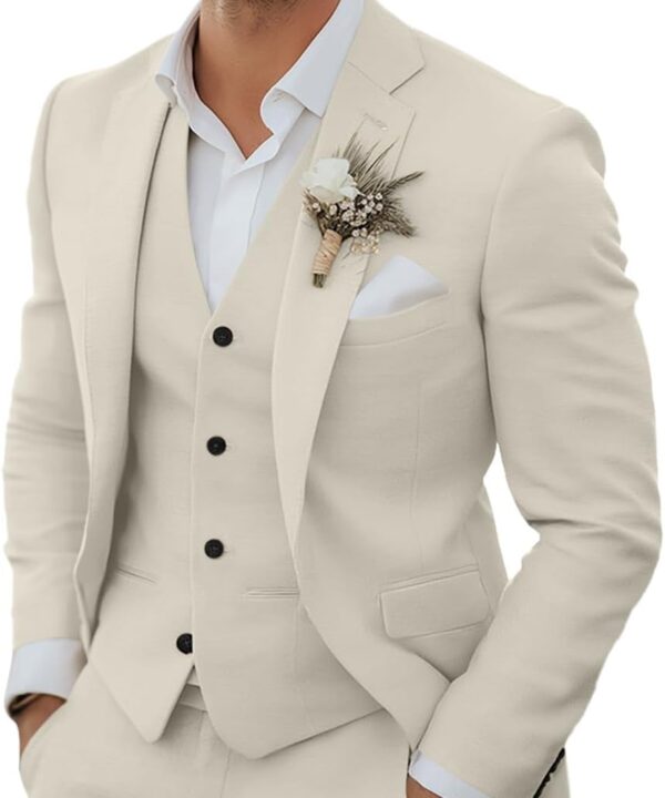 Men's 3 Piece Linen Suits Casual Lightweight Blazer Jackets Vest Pants Set for Wedding Business Prom Suit