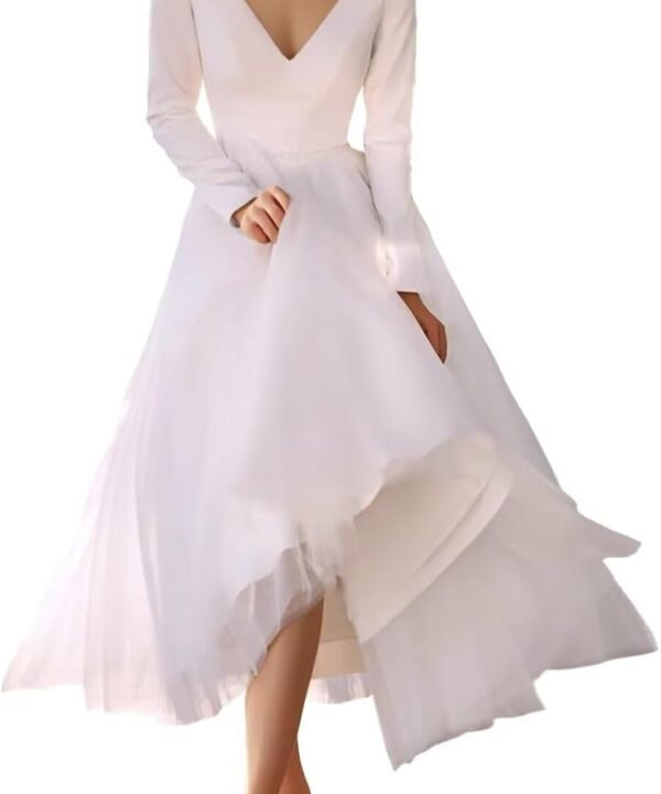 Tea-Length Wedding Dresses for Bride 2025 V-Neck Tulle Bridal Dress Long Sleeves Wedding Gowns