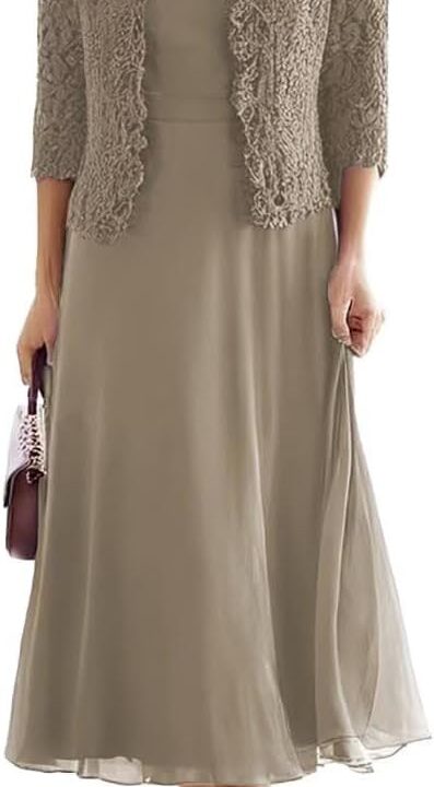 Tea Length Mother of The Bride Dresses for Wedding with 3/4 Sleeves Chiffon Formal Evening Dresses with Jacket