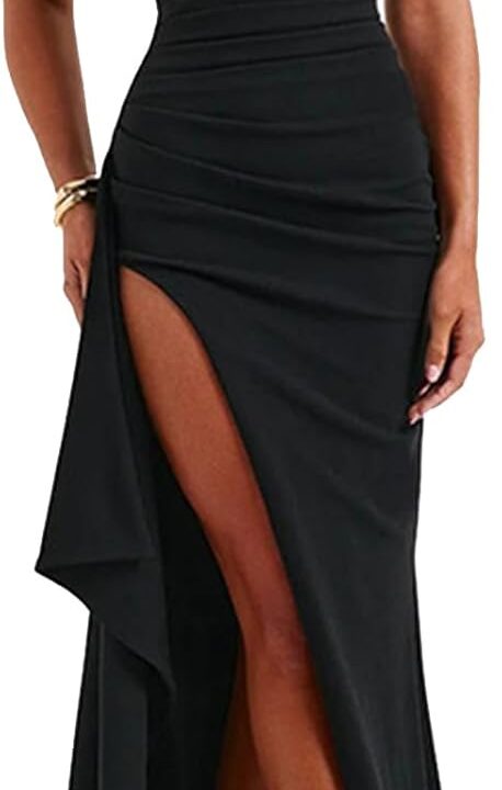 Women's Backless High Split Strapless Prom Formal Dress, S Black