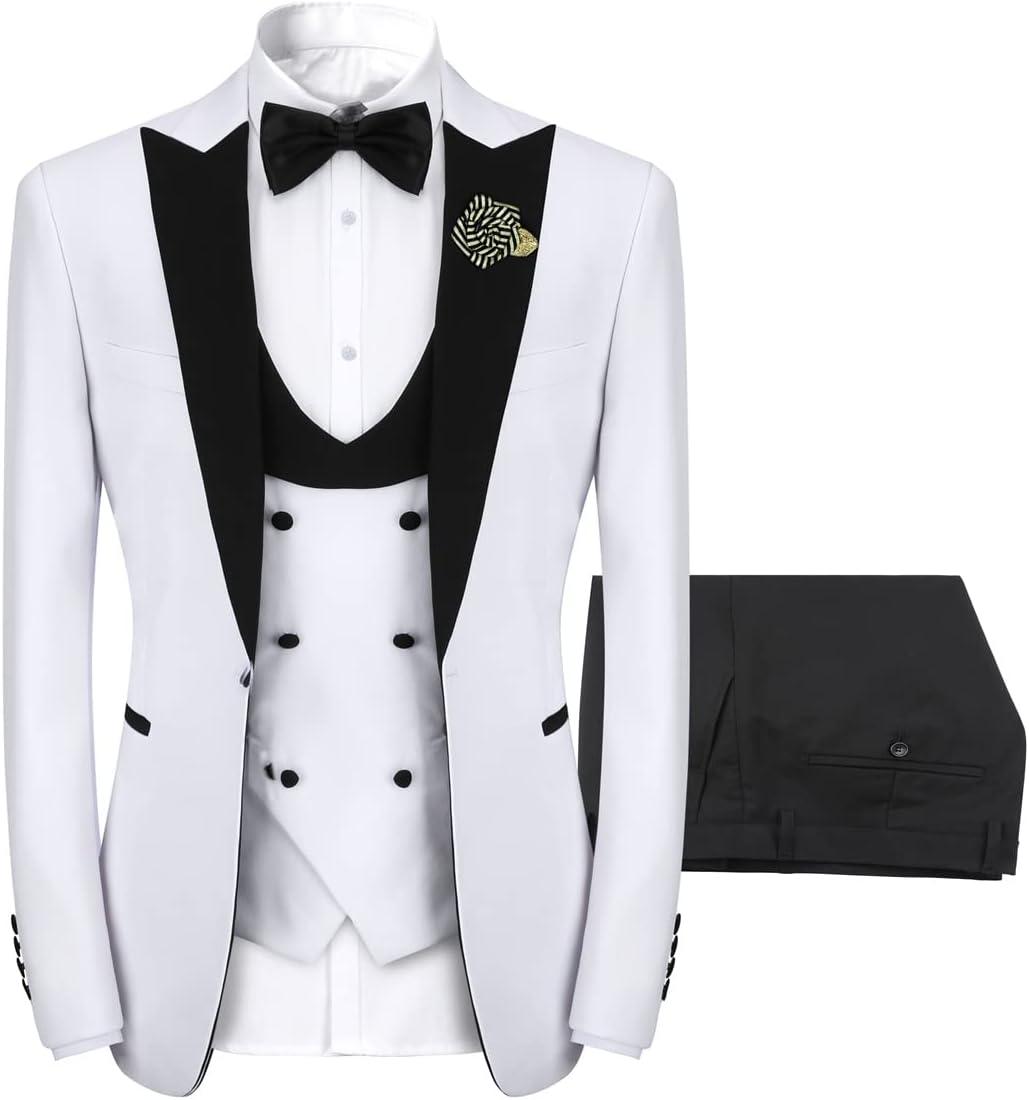 YFFUSHI Mens 3 Piece Suit Slim Fit One Button Prom Suits Set Blazer Vest Trousers