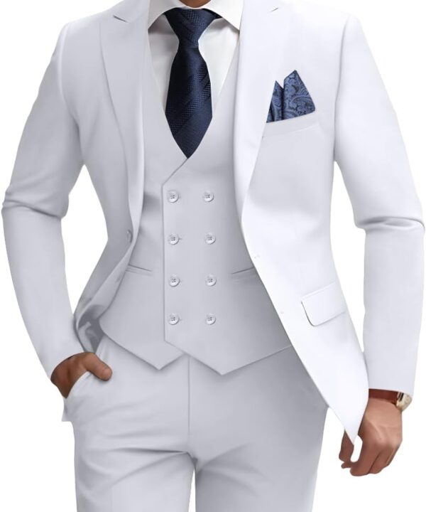 Mens 3 Piece Slim Fit Suit Set, Double Breasted Blazer Vest Pants Business Tuxedo Dress