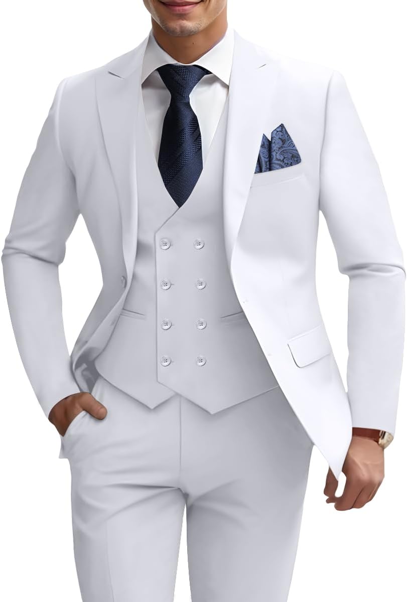 Mens 3 Piece Slim Fit Suit Set, Double Breasted Blazer Vest Pants Business Tuxedo Dress