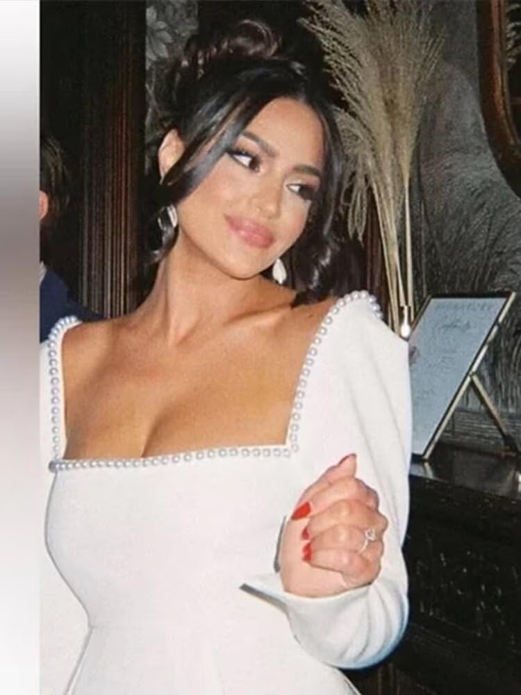 Womens Long Sleeve Wedding Dress for Bride 2025 Pearls Square Neck Satin Midi Bridal Gowns