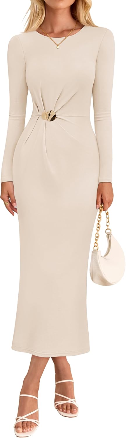 MEROKEETY Women's Fall Long Sleeve Bodycon Dresses Elegant Wedding Guest Cocktail Party Midi Maxi Dress