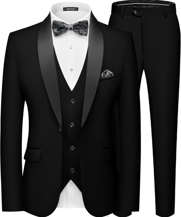 MAGE MALE Men's Slim Fit 3 Piece Suit One Button Solid Shawl Lapel Blazer Jacket Vest Pants Set with Tie Pocket Square