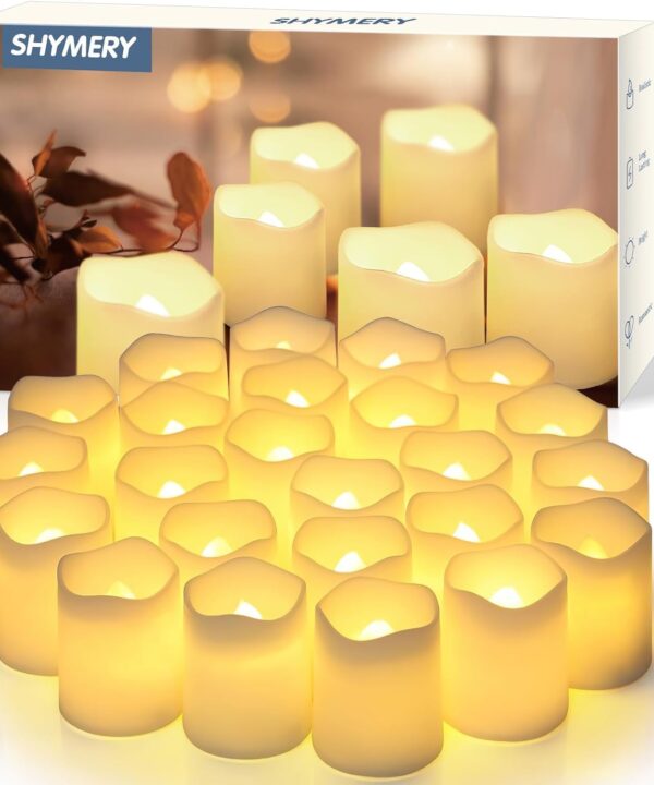 SHYMERY Flameless Votive Candles,Flameless Flickering Electric Fake Candle,24 Pack 200+Hour Battery Operated LED Tea Lights in Warm White for Wedding, Table, Halloween,Christmas Decorations 1.5"X1.7"