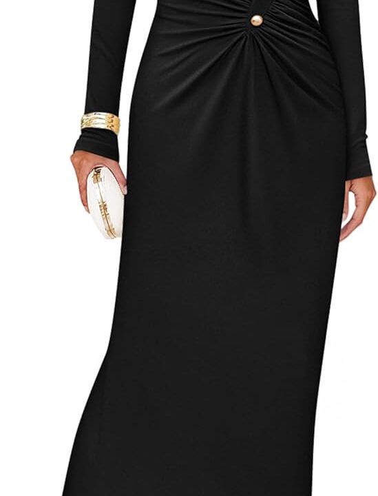 ZESICA Womens 2026 Fall Long Sleeve Mock Neck Bodycon Midi Dress Ruched Knit Elegant Party Cocktail Formal Dresses