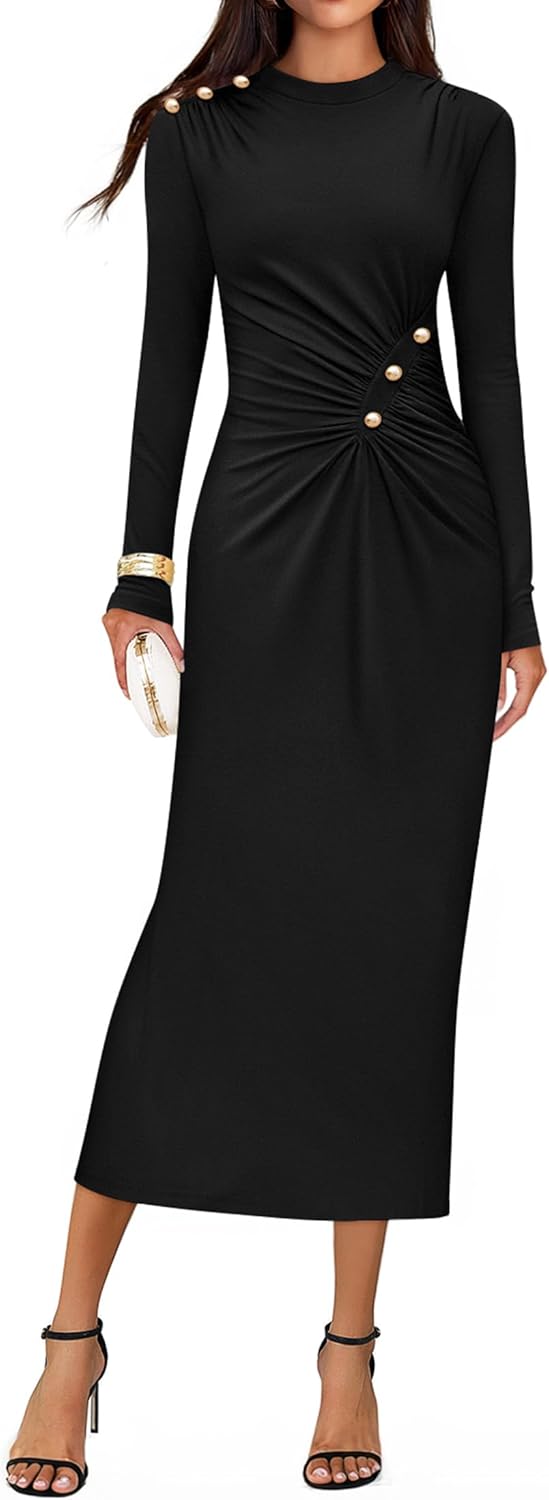 ZESICA Womens 2026 Fall Long Sleeve Mock Neck Bodycon Midi Dress Ruched Knit Elegant Party Cocktail Formal Dresses