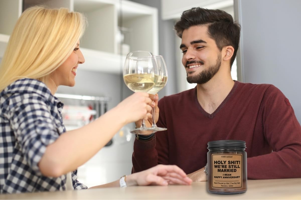 Funny Anniversary Candle Gift for Her, Him – Were Still Married -Funny Anniversary Present for Husband, Wife, Couple – Vanilla Sandalwood Scented Soy Candle in 9 oz. Amber Jar, Gift Box Included