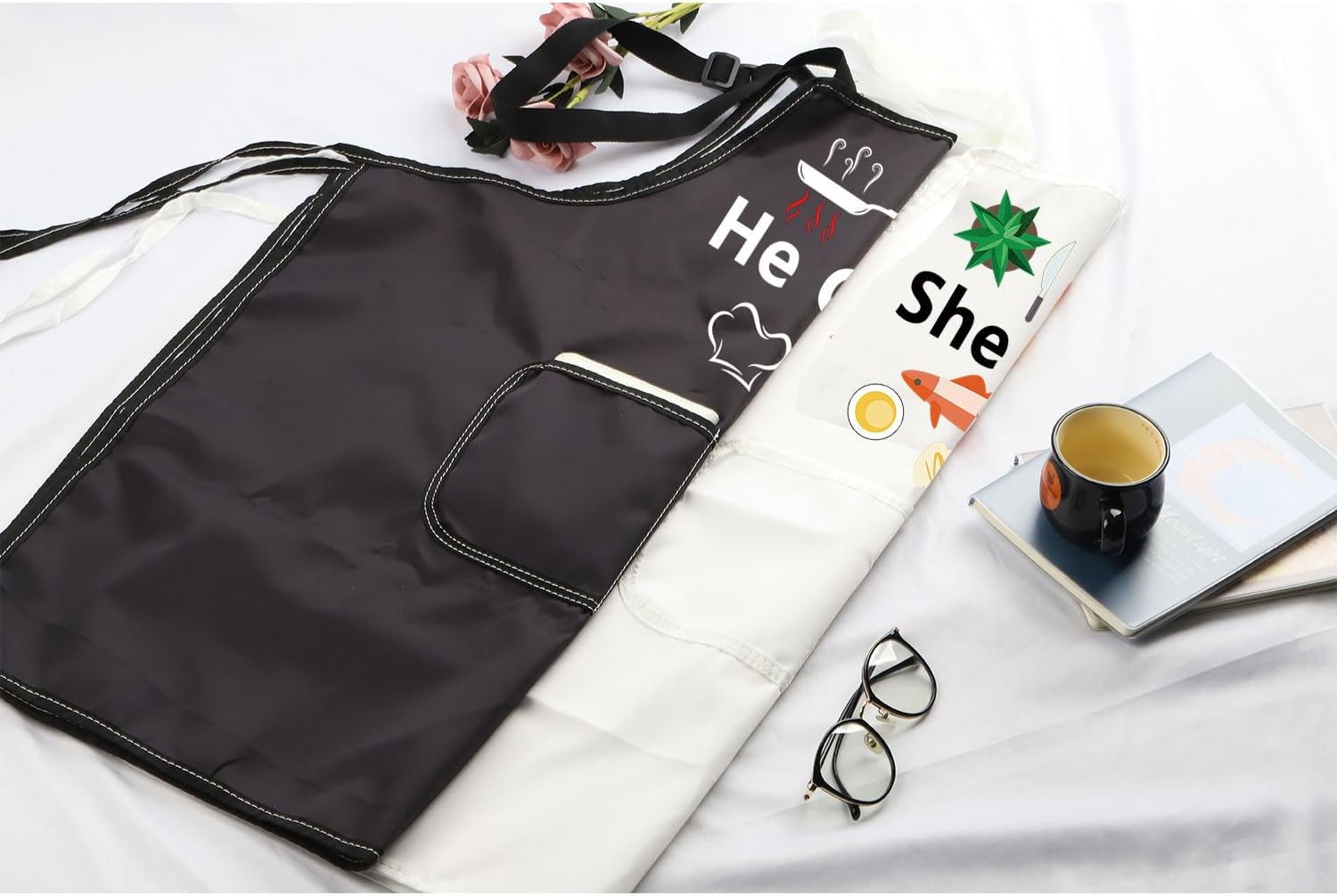 MBMSO Couples Matching Gifts He Cooks She Eats Funny Couples Apron Wedding Gift for Husband Wife Mr Mrs His and Hers Apron