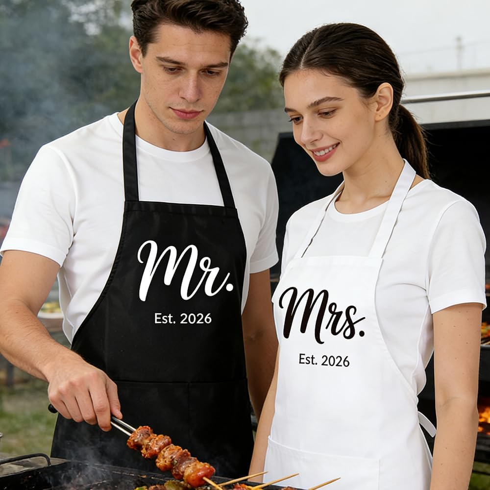 Mr Mrs Est 2026 Aprons for Couples Gifts,Funny Kitchen Gifts for Couples,Wedding, Engagement gifts for Couples, Christmas Gifts for Couple, Husband, Wife, Boyfriend, Girlfriend, Him Her-12