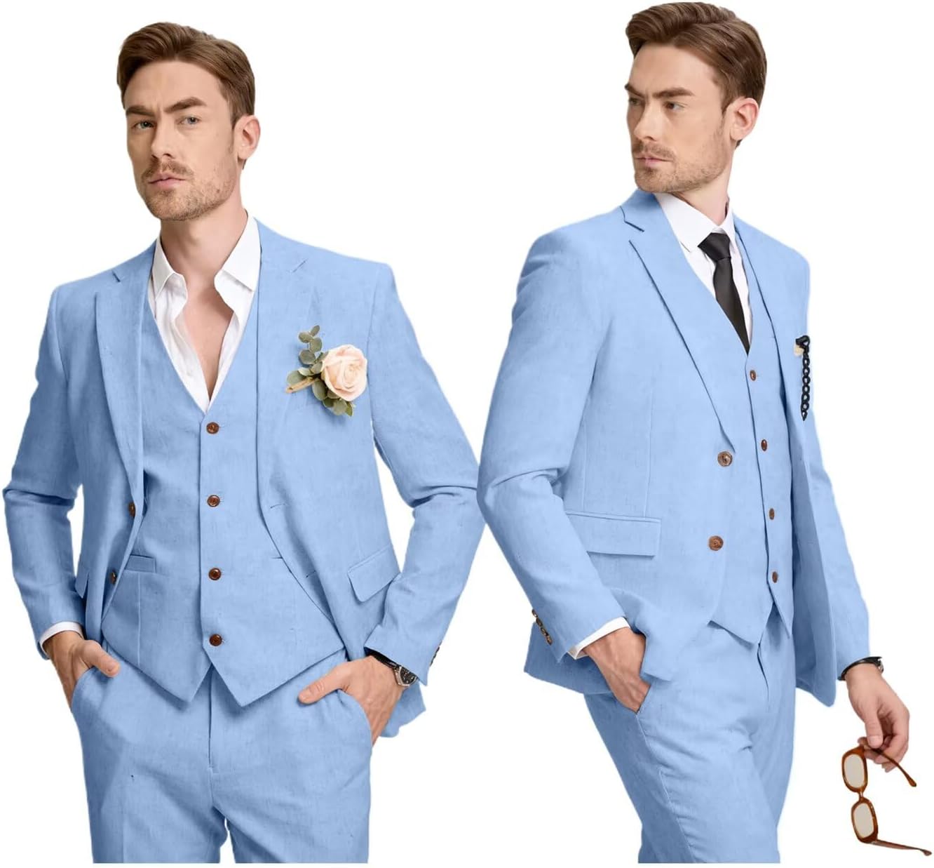 Retro Linen Mens Suit 3 Pieces Slim Fit Linen Prom Wedding Suits Casual Tuxedo Set Groom Jacket Blazer Vest Pants for Men