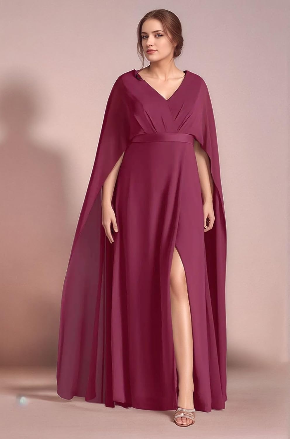 2025 Elegant Cape Sleeve Mother of The Bride Dresses A-Line Long Chiffon V-Neck Wedding Guest Gowns with Slit