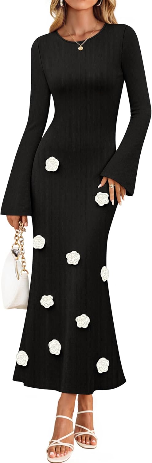 ZESICA Winter Wedding Guest Sweater Dresses for Women 2025 Elegant Formal Long Sleeve Cocktail Midi Dress