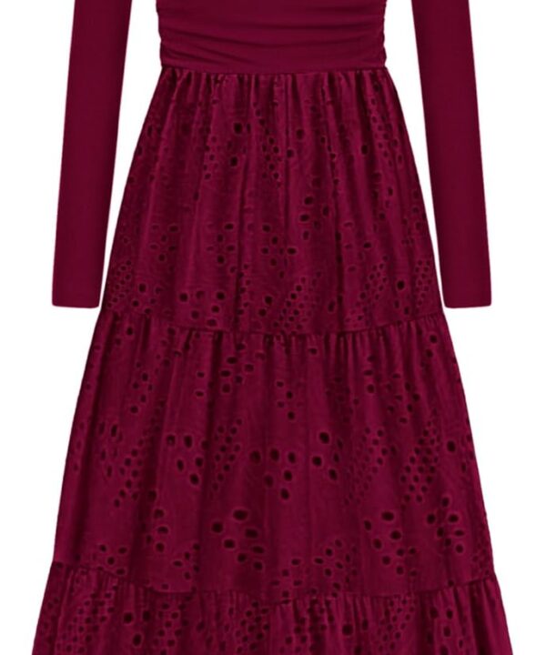 PRETTYGARDEN Long Sleeve Maxi Dress for Women 2025 Fall Eyelet A Line Elegant Classy Flowy Mock Neck Wedding Guest Dresses