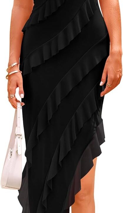 PRETTYGARDEN Summer Wedding Guest Dresses for Women 2025 Strapless Tube Ruffle Elegant Dinner Cocktail Long Dress