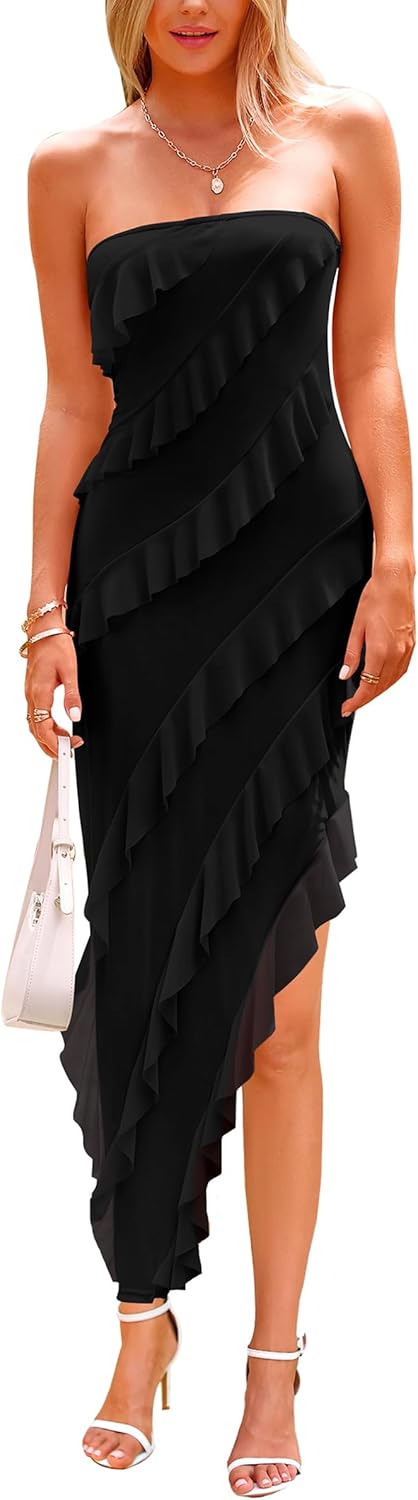 PRETTYGARDEN Summer Wedding Guest Dresses for Women 2025 Strapless Tube Ruffle Elegant Dinner Cocktail Long Dress