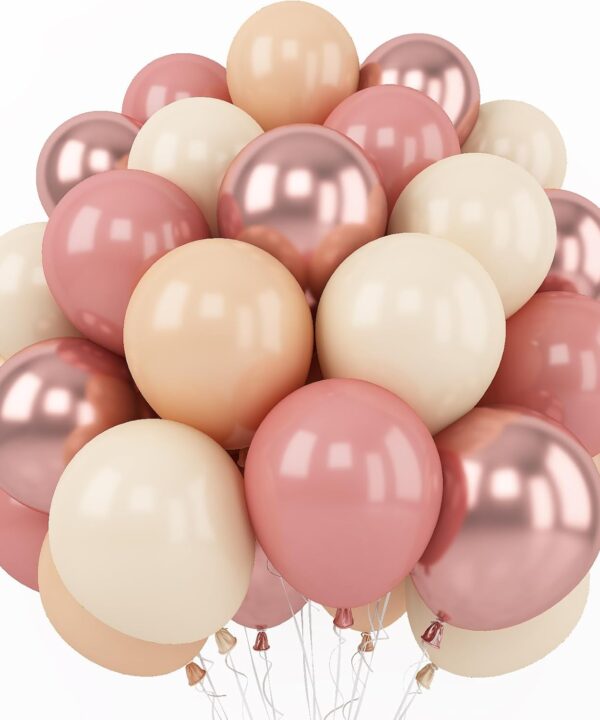 Retro Blush Pink Balloons, 60 Packs 12 Inch Dusty Pink Metallic Chrome Rose Gold White Sand Nude Balloons for Bridal Shower Pumpkin Baby Shower Girls Boho Birthday Wedding Decorations Supplies