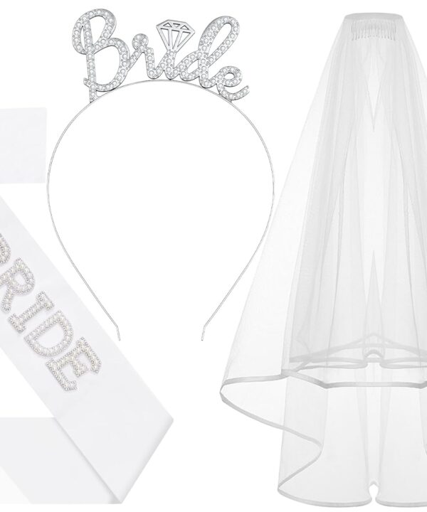 3Pcs Bride to Be Headband with Sash and Veil for Bachelorette Party Decorations, Bridal Shower Accessories for Gift, Favors - Silver