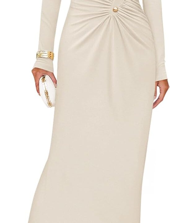 ZESICA Womens 2025 Fall Long Sleeve Mock Neck Bodycon Midi Dress Ruched Knit Elegant Party Cocktail Formal Dresses