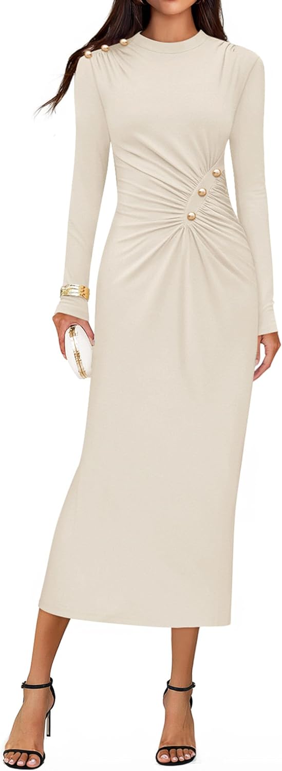 ZESICA Womens 2025 Fall Long Sleeve Mock Neck Bodycon Midi Dress Ruched Knit Elegant Party Cocktail Formal Dresses