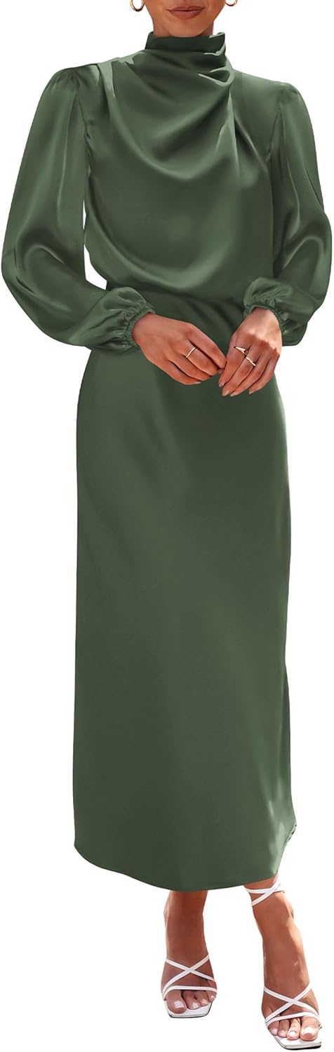 BTFBM Womens Mock Neck Satin Dress Spring Summer 2026 Long Sleeve Lightweight Formal Wedding Party Maxi Cocktail Dresses