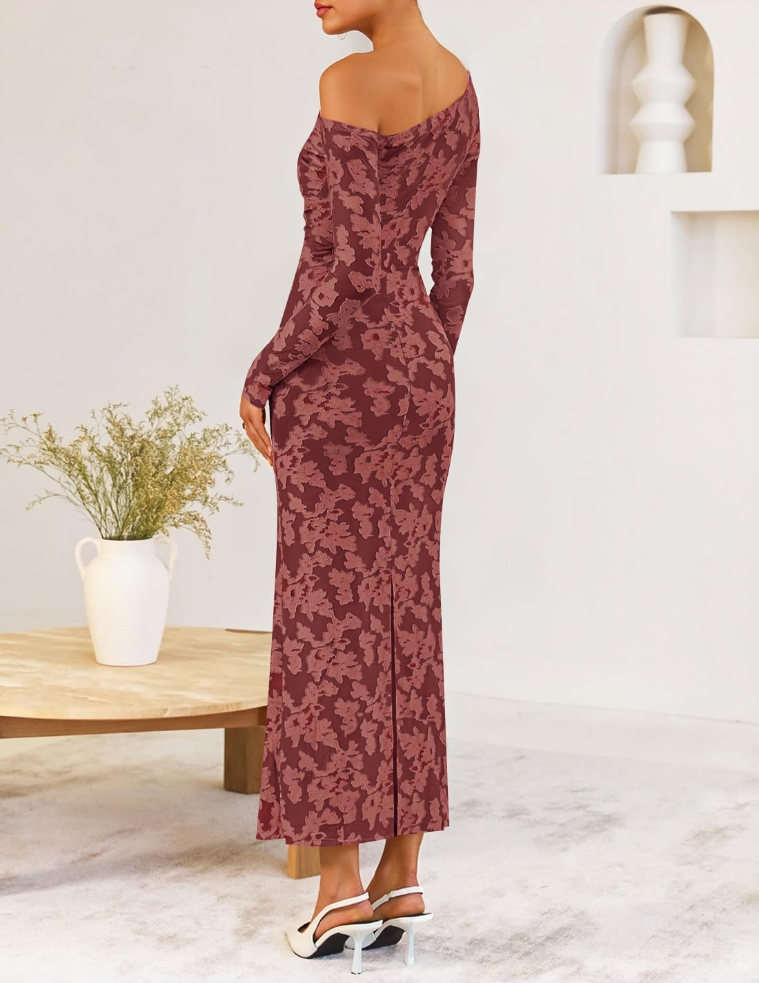 ZESICA Womens Fall Floral Off Shoulder Bodycon Maxi Dresses 2026 Long Sleeve Ruched Elegant Cocktail Party Dress