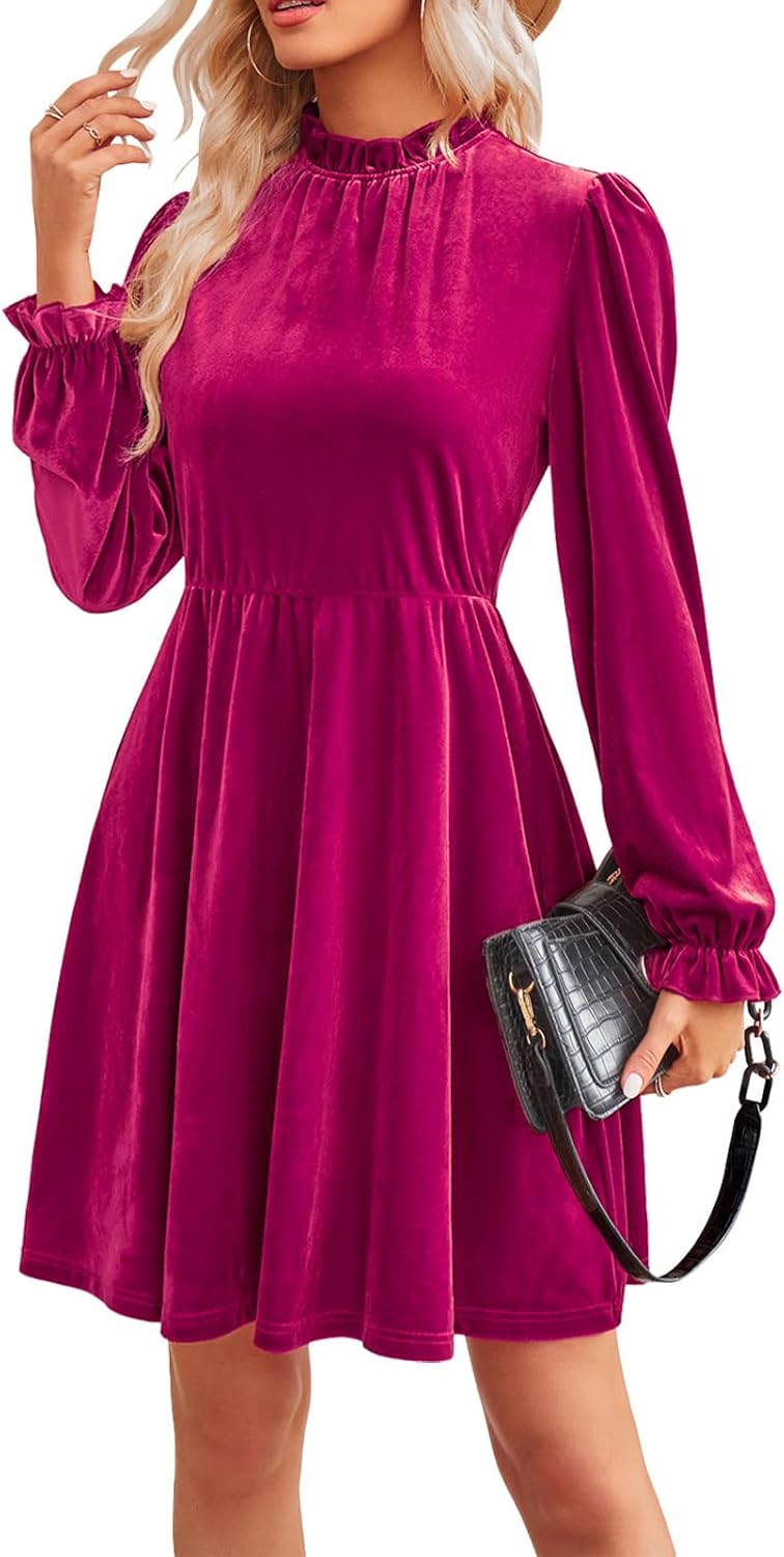 Jayscreate Women's 2023 Velvet Dress Elastic Waistline Fall Long Sleeve Wedding Guest Short Wrap Tunic Formal Dress