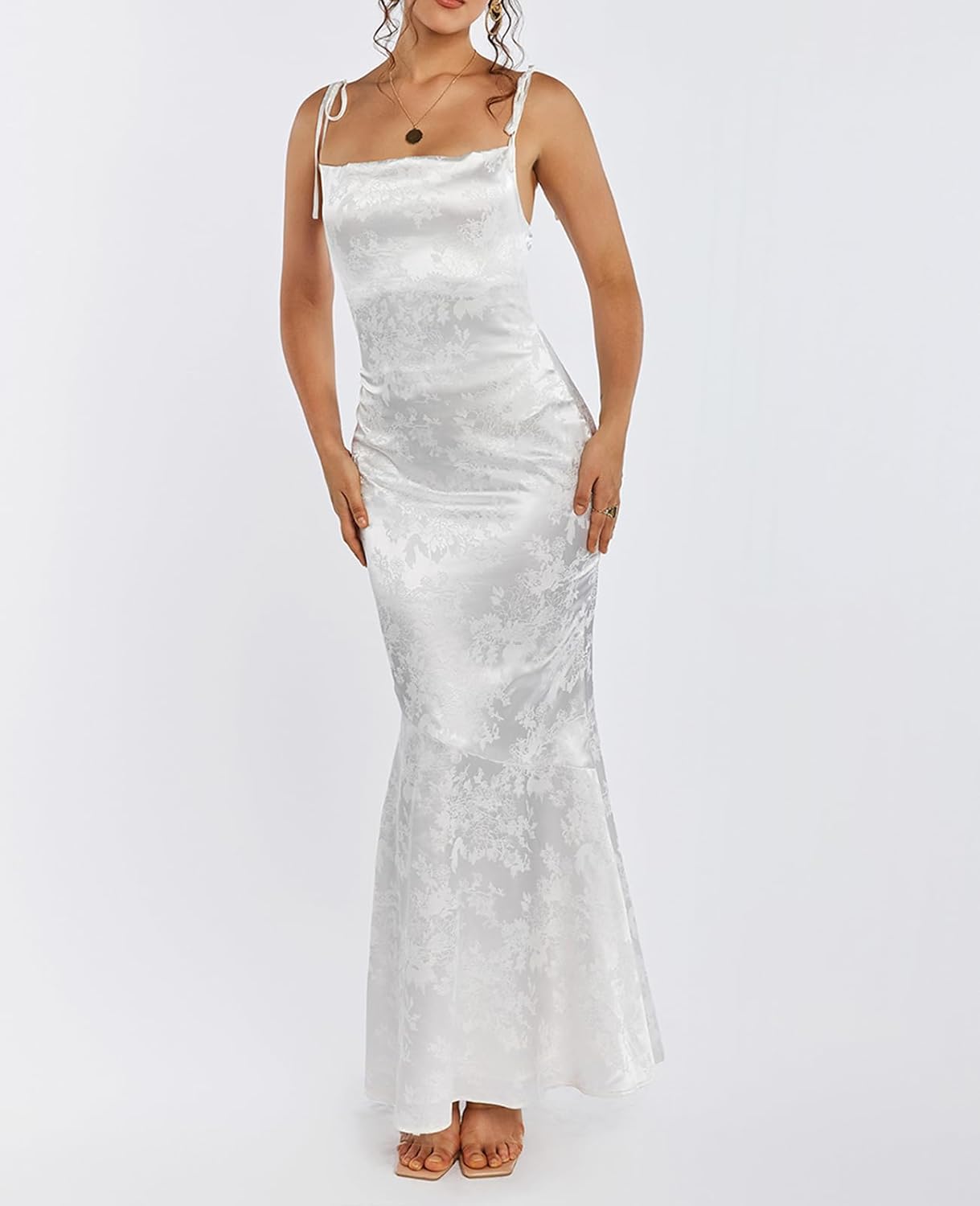 GLNEGE Womens Satin Bodycon Maxi Dress Elegant Formal Spaghetti Strap Cowl Neck Evening Party Dresses