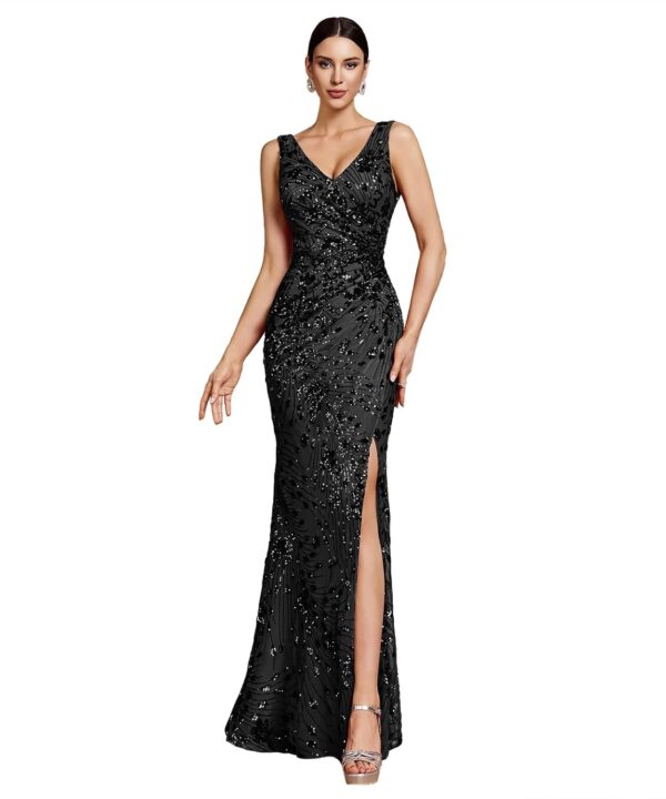 Elegant Long Sequin Formal Dress V-Neck Slit Design, Stretchy Fitted Glamorous