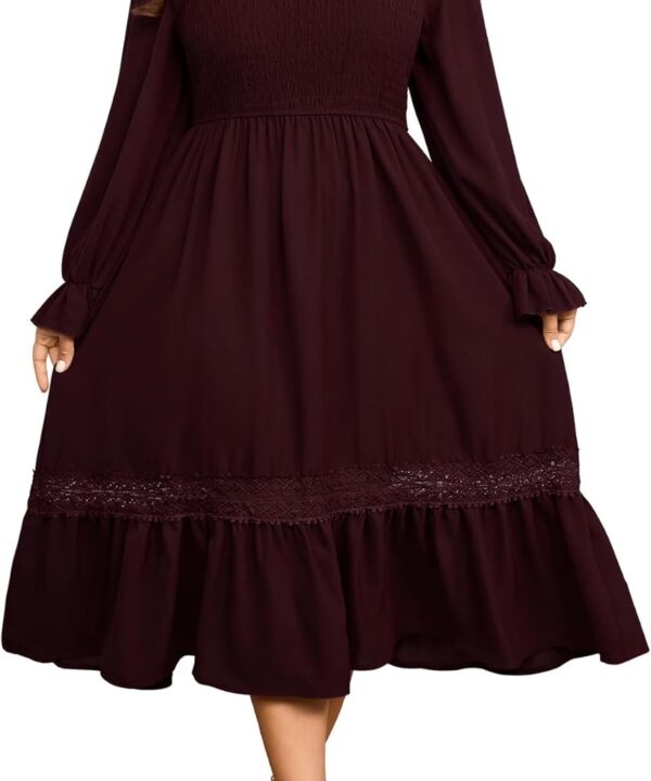 Plus Size Maxi Dress for Women Wedding Guest Fall Smocked Long Sleeve Round Neck Empire Waist Flowy Ruffle Dress 1XL~4XL