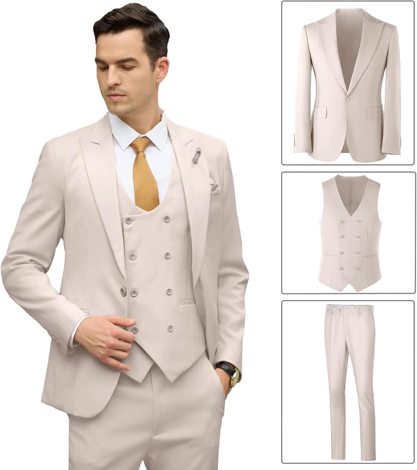 Mens Suit Slim Fit 3 Piece Double Breasted Suit Men Formal Tuxedo Set Casual Wedding Prom Groom Suits
