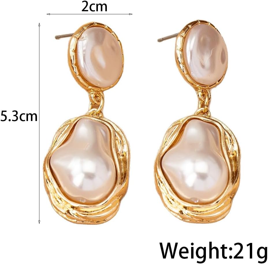Gold Pearl Statement Earrings for Women,Vintage Large Baroque Pearl Dangle Drop Earrings,Trendy Formal Prom Party Bride Earrings for Wedding
