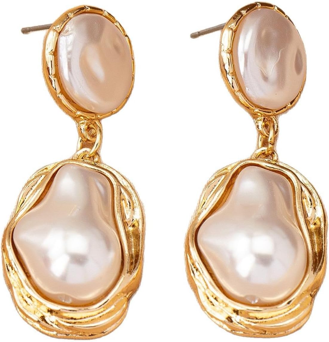 Gold Pearl Statement Earrings for Women,Vintage Large Baroque Pearl Dangle Drop Earrings,Trendy Formal Prom Party Bride Earrings for Wedding