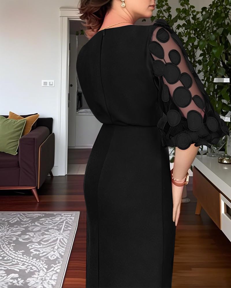 CHICME Bodycon Midi Dress for Women 2025 Mesh Puff Sleeve Slit Work Cocktail Wedding Dresses with Belt