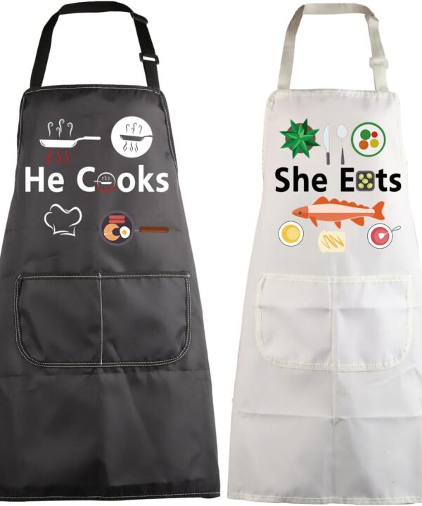 MBMSO Couples Matching Gifts He Cooks She Eats Funny Couples Apron Wedding Gift for Husband Wife Mr Mrs His and Hers Apron