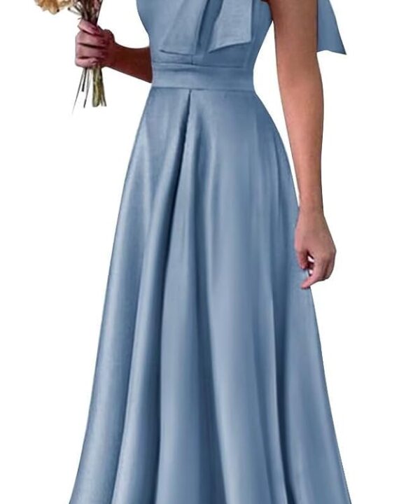 One Shoulder Bridesmaid Dresses Ruffles Satin Prom Formal Gowns A Line Wedding Guest Dress with Pockets