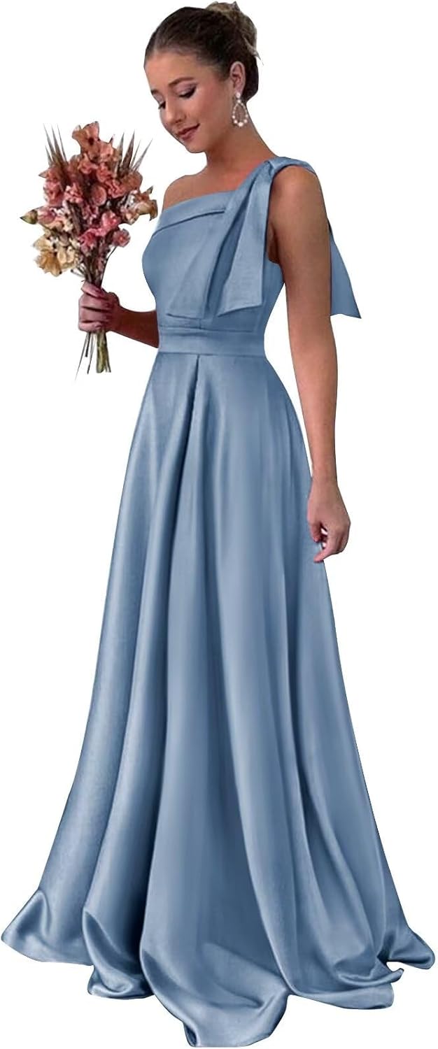One Shoulder Bridesmaid Dresses Ruffles Satin Prom Formal Gowns A Line Wedding Guest Dress with Pockets
