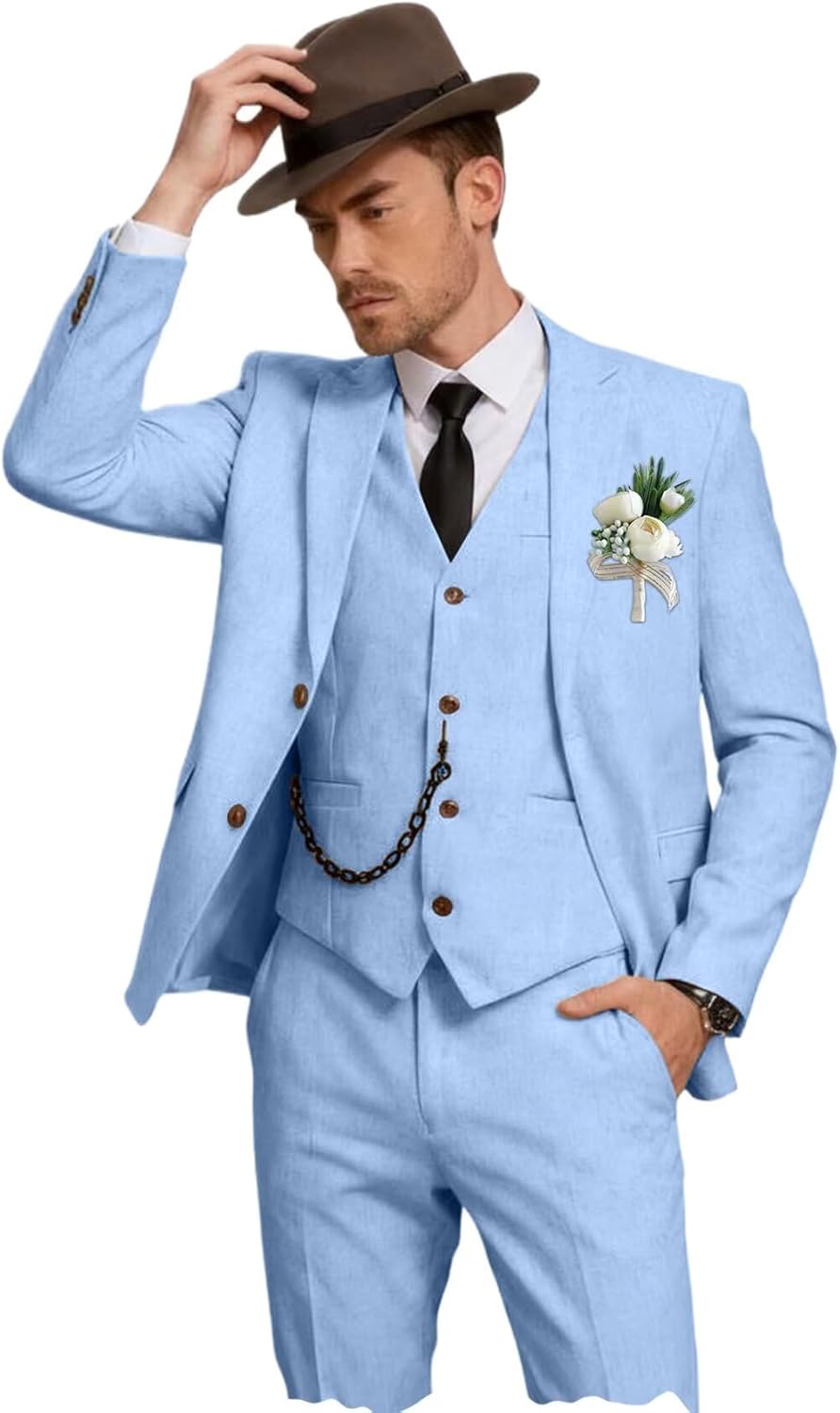 Retro Linen Mens Suit 3 Pieces Slim Fit Linen Prom Wedding Suits Casual Tuxedo Set Groom Jacket Blazer Vest Pants for Men