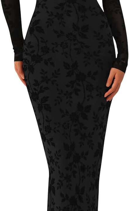 PRETTYGARDEN Womens Off The Shoulder Floral Maxi Bodycon Dress Fall Long Sleeve Mesh Fitted Long Formal Wedding Guest Dresses
