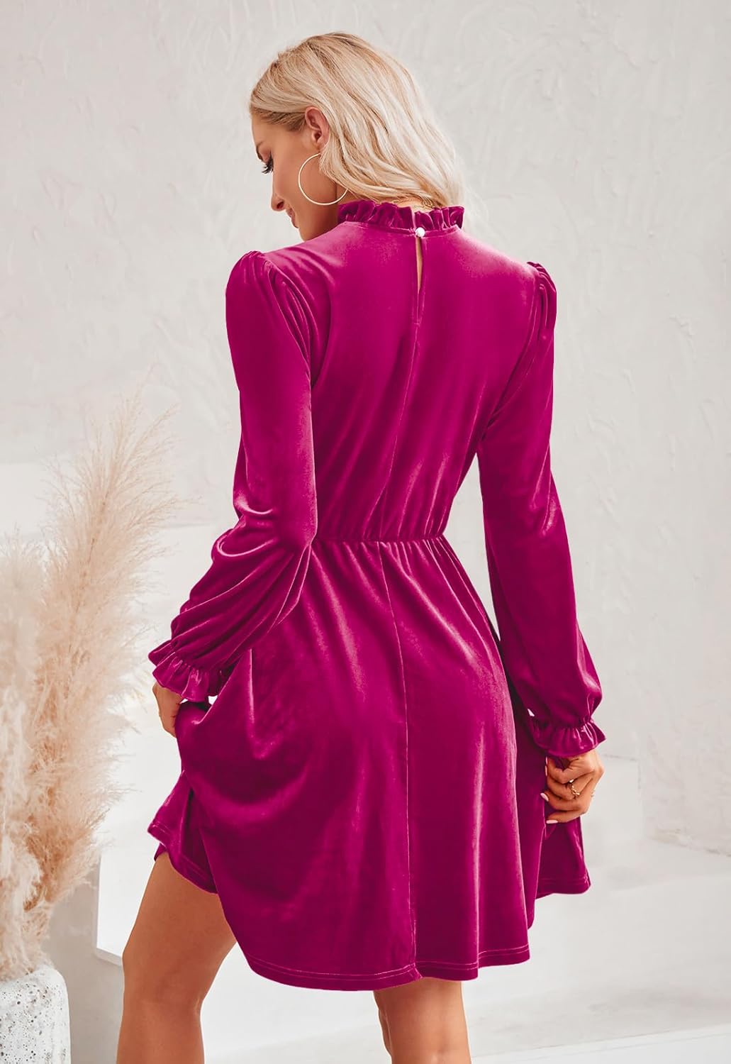 Jayscreate Womens 2023 Velvet Dress Elastic Waistline Fall Long Sleeve Wedding Guest Short Wrap Tunic Formal Dress