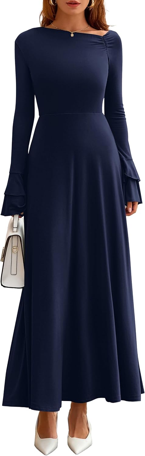 PRETTYGARDEN Womens Dresses Formal Off The Shoulder Long Sleeve Ruched Knit A-Line Maxi Wedding Guest Dress Fall Clothes