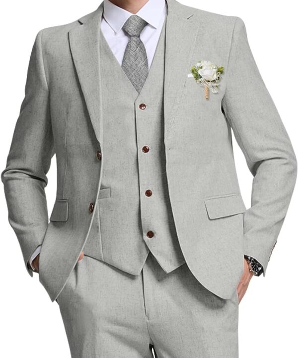 High-End Suits Retro Linen Suit for Men Casual Wedding Suit for Men Slim Fit 3 Pieces Jacket Blazer Vest Pant Groom Tuxedo