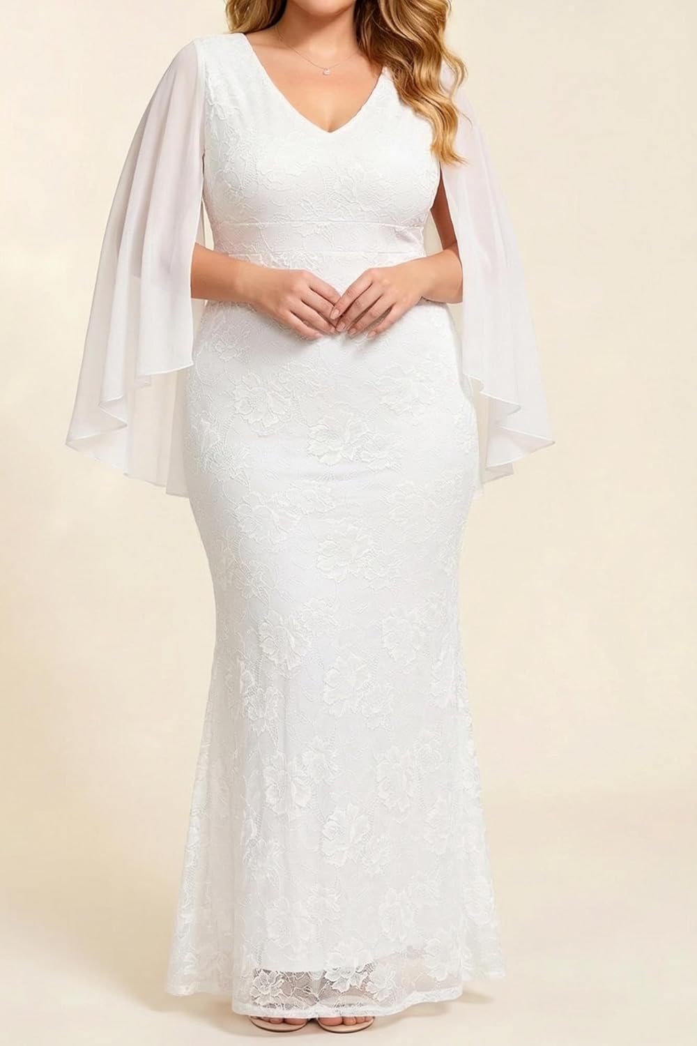 Plus Size Formal Dresses – Chiffon Capelet Ruffle Sleeves V Neck Lace Mermaid Evening Gown Prom Long Maxi Dresses 2025