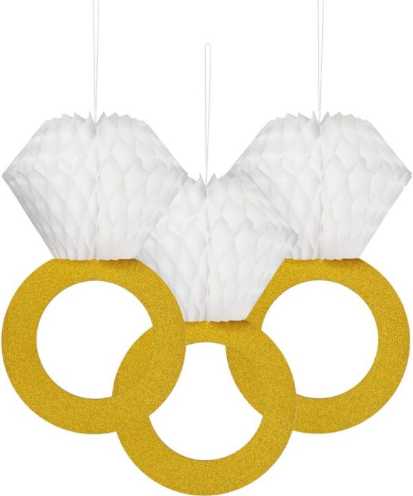 TTSAM Glitter Gold Honeycomb Diamond Ring Hanging Decorations (3 Pieces) Bachelorette Party Engagement Party Bridal Shower Wedding Anniversary Supplies