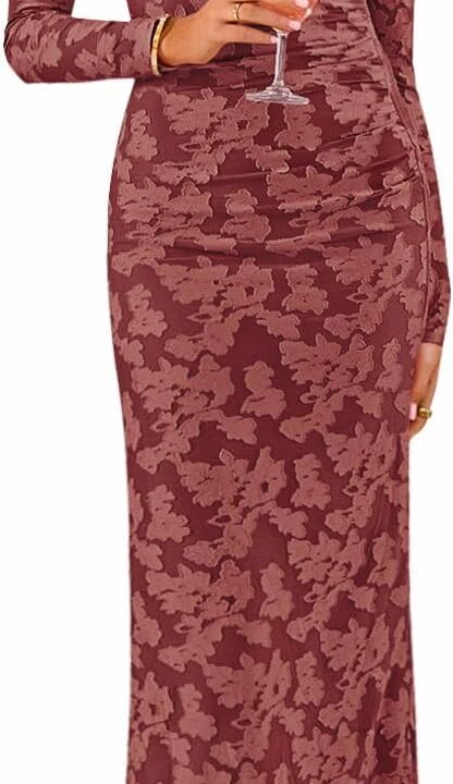 ZESICA Women's Fall Floral Off Shoulder Bodycon Maxi Dresses 2026 Long Sleeve Ruched Elegant Cocktail Party Dress