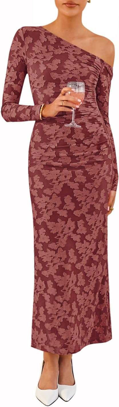 ZESICA Women's Fall Floral Off Shoulder Bodycon Maxi Dresses 2026 Long Sleeve Ruched Elegant Cocktail Party Dress