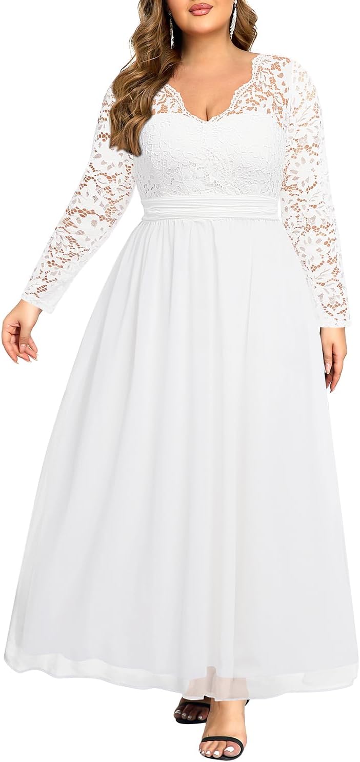 Plus Size Formal Wedding Dresses – Gowns Evening Prom Elegant V Neck Long Sleeve Lace Chiffon Long Maxi Dress
