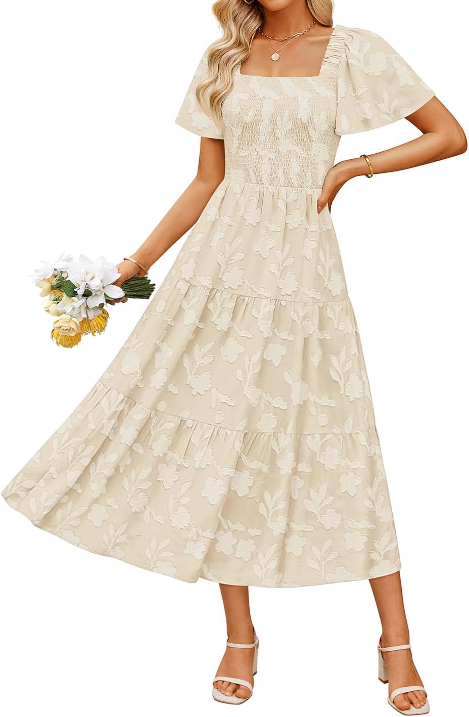 ZESICA Women‘s Summer Boho Floral Midi Dress 2025 Casual Short Sleeve Square Neck Flowy Beach Vacation Long Dress